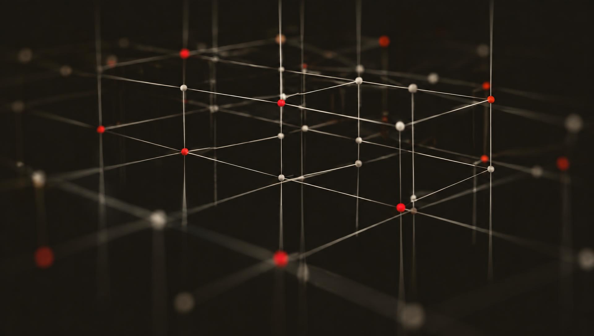 A precise lattice of fine luminous lines crossing at glowing red junctions in a dark field